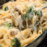 Cheesy Chicken Broccoli Alfredo Bake in a casserole dish