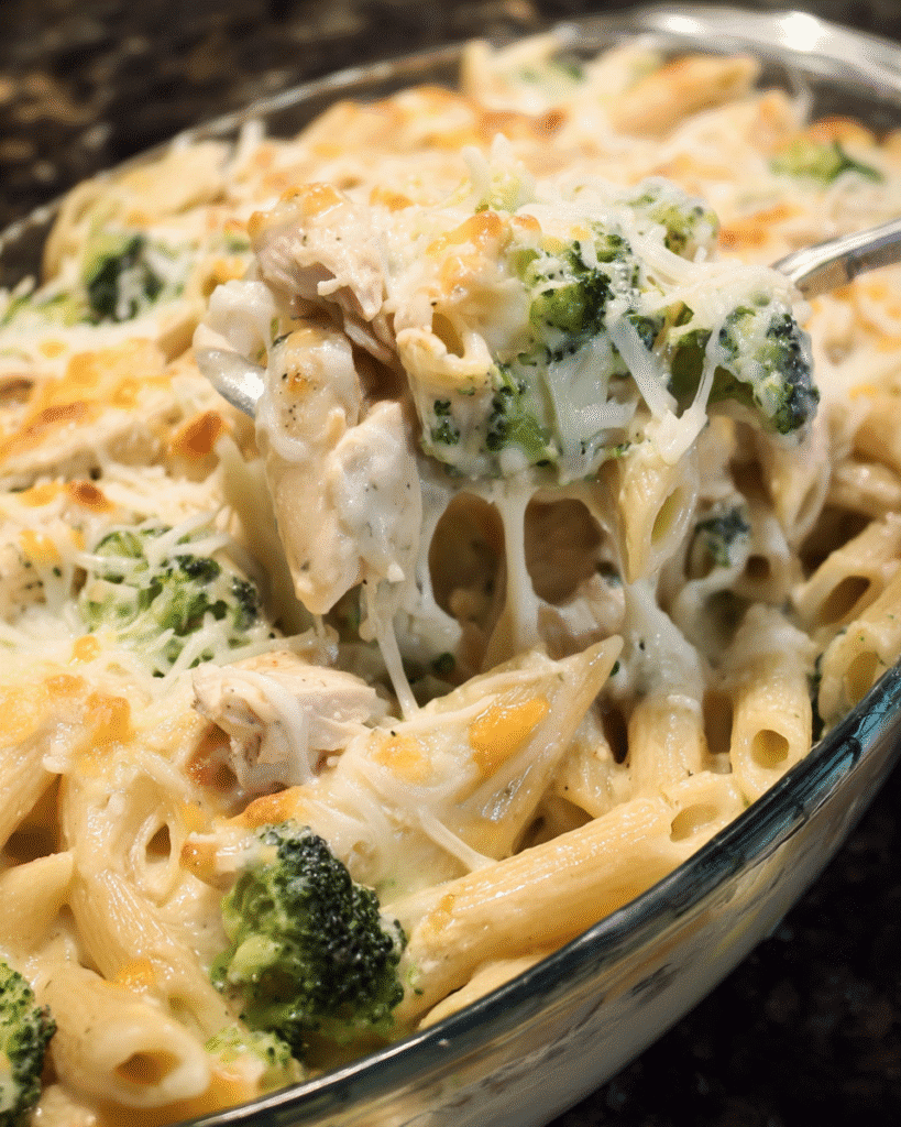 Cheesy Chicken Broccoli Alfredo Bake in a casserole dish