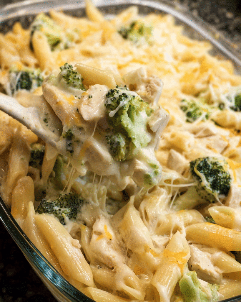 Cheesy Chicken Broccoli Alfredo Bake in a casserole dish