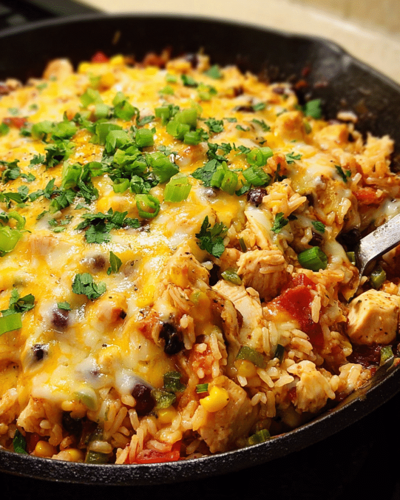 Cheesy chicken burrito skillet with rice and melted cheese