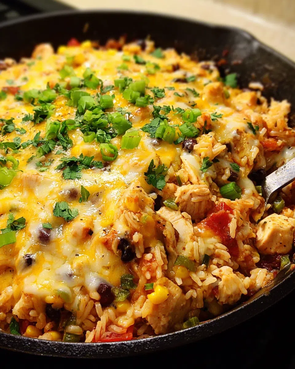 Cheesy chicken burrito skillet with rice and melted cheese