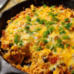 Cheesy chicken burrito skillet with rice and melted cheese