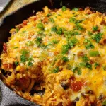Cheesy chicken burrito skillet with rice and melted cheese