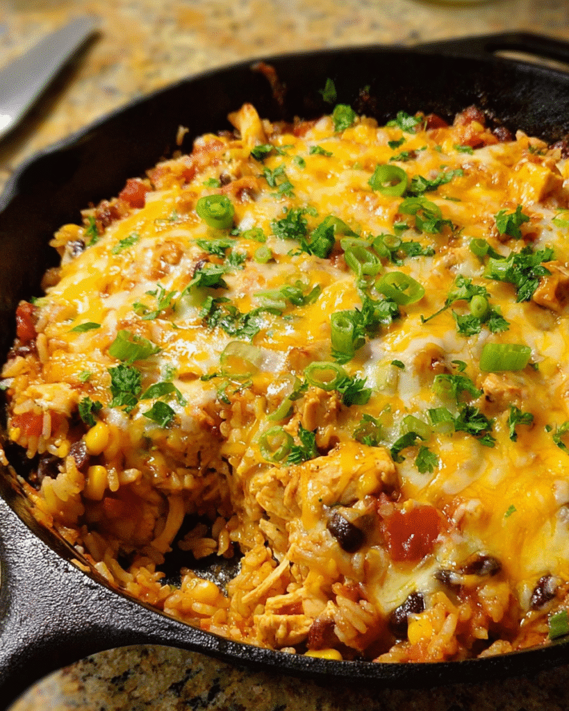 Cheesy chicken burrito skillet with rice and melted cheese