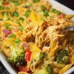 Cheesy Chicken Chipotle Pasta Bake in a casserole dish
