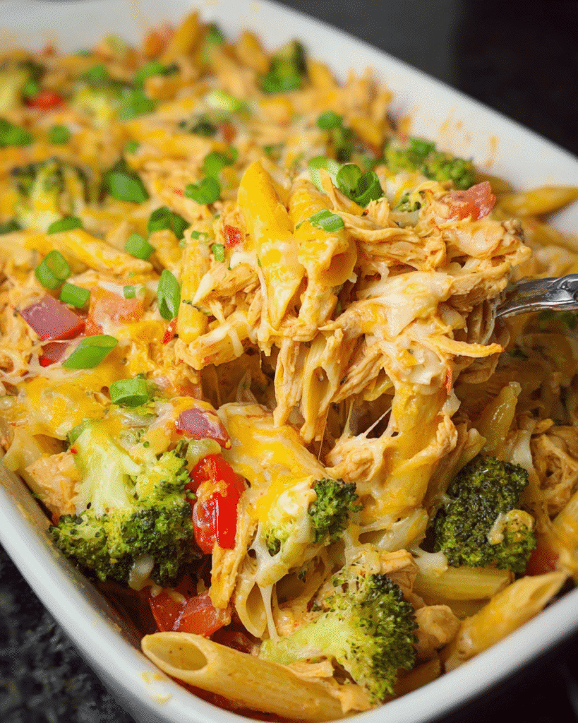 Cheesy Chicken Chipotle Pasta Bake in a casserole dish