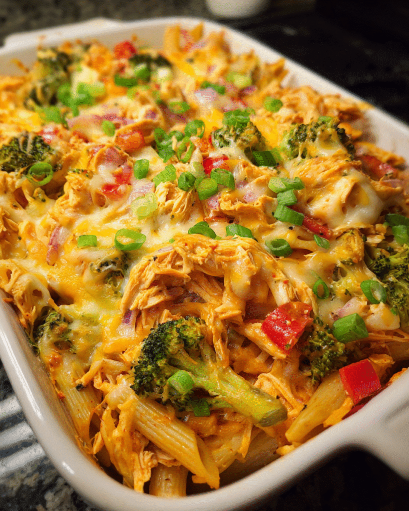 Cheesy Chicken Chipotle Pasta Bake in a casserole dish