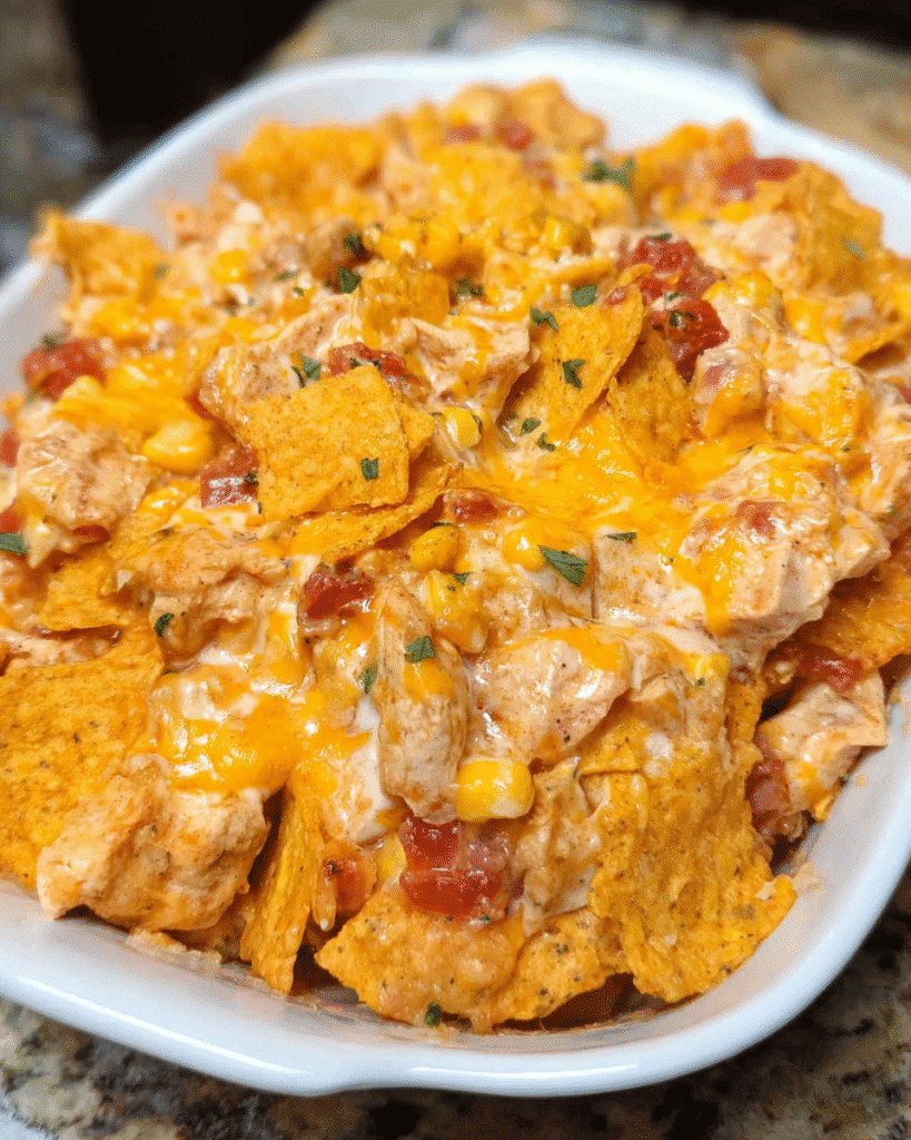 Cheesy Chicken Dorito Casserole fresh out of the oven