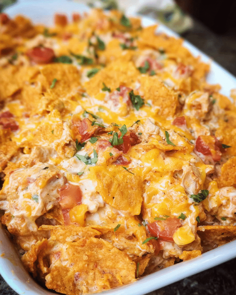 Cheesy Chicken Dorito Casserole fresh out of the oven