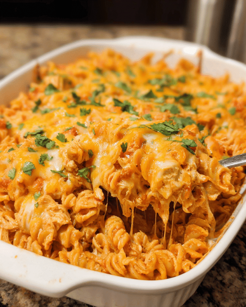 Cheesy Chicken Enchilada Pasta in a casserole dish with melted cheese on top