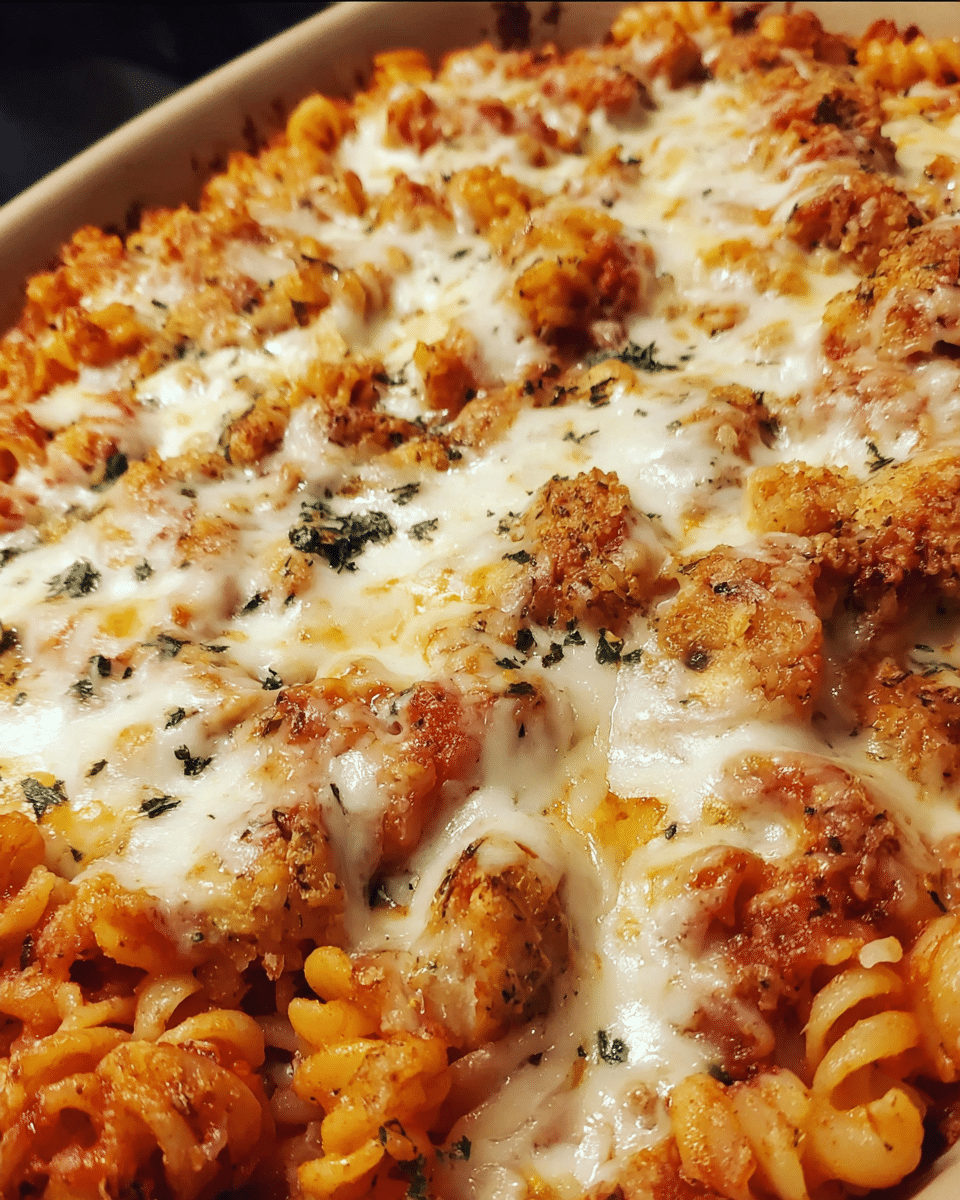 Cheesy Chicken Parmesan Pasta Skillet Bake in a casserole dish, hot from the oven