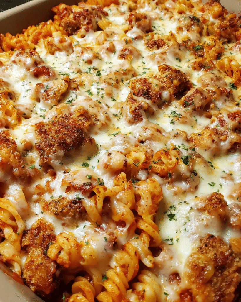 Cheesy Chicken Parmesan Pasta Skillet Bake in a casserole dish, hot from the oven