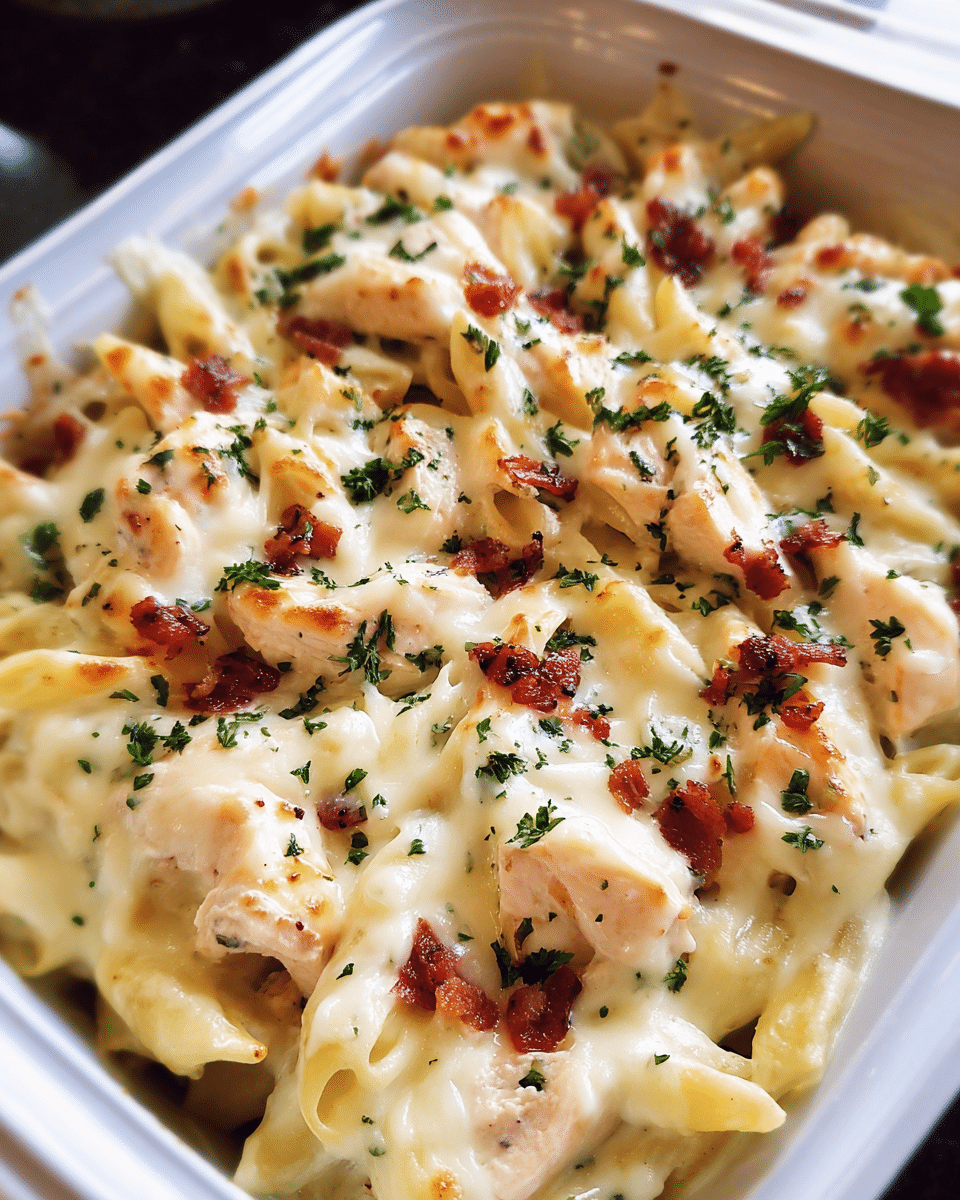 Cheesy Chicken Ranch Pasta Bake fresh from the oven in a white casserole dish