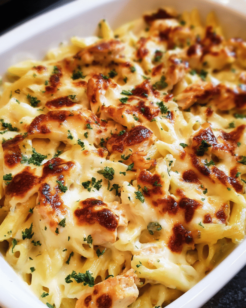 Cheesy Chicken Ranch Pasta Bake fresh from the oven in a white casserole dish