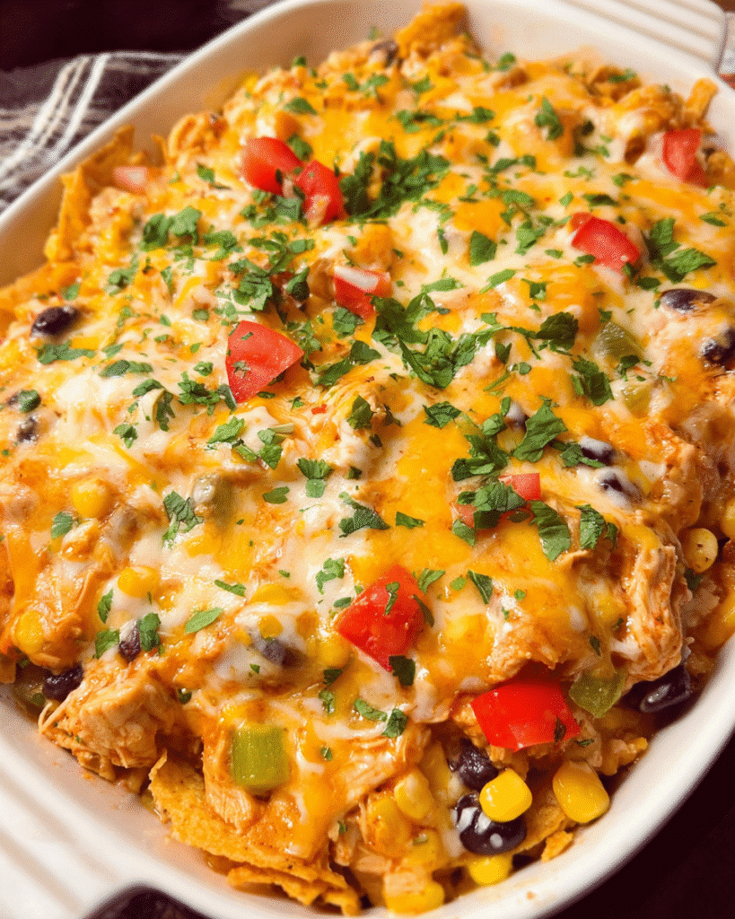 Cheesy chicken taco casserole baked with melted cheese and crushed tortilla chips in a white casserole dish