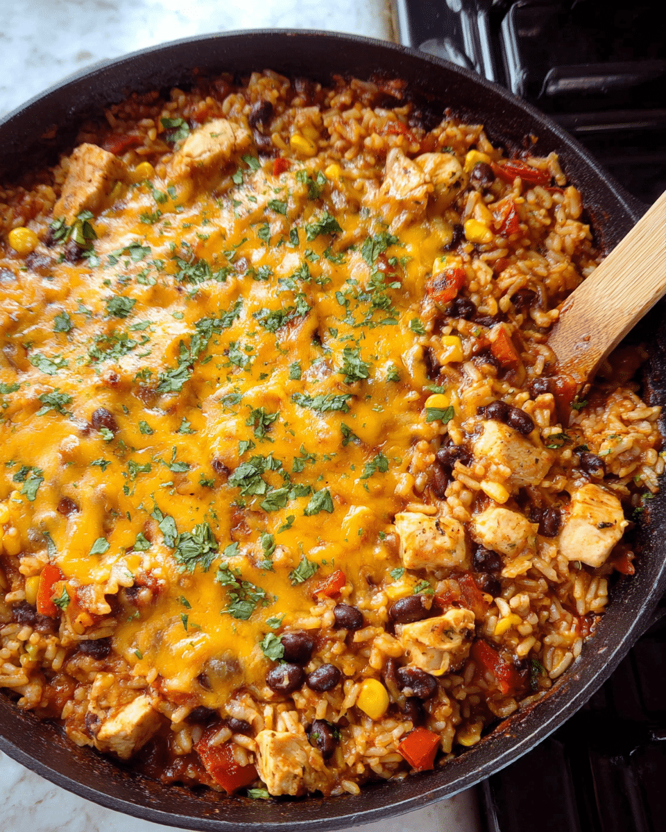 Cheesy Chicken Taco Skillet with rice, beans, and melted cheese in a skillet