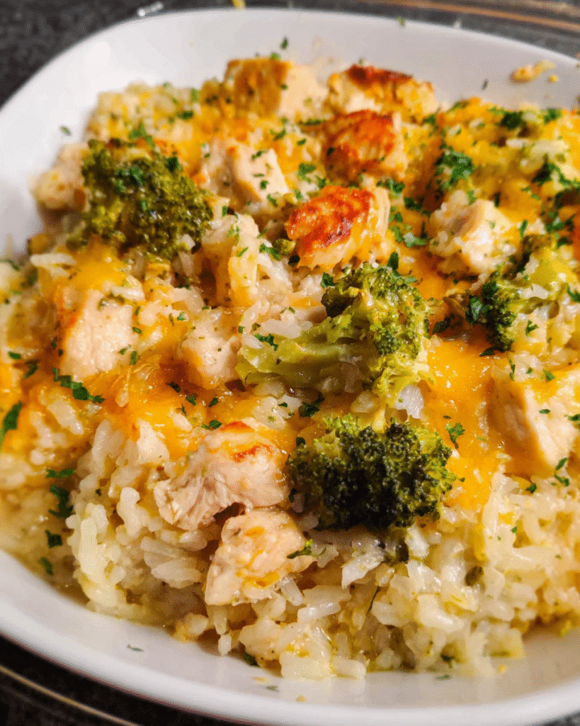 Cheesy chicken and rice casserole in white baking dish, golden melted cheese on top