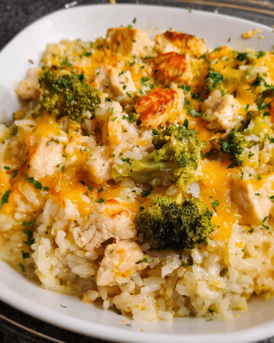 Cheesy chicken and rice casserole in white baking dish, golden melted cheese on top