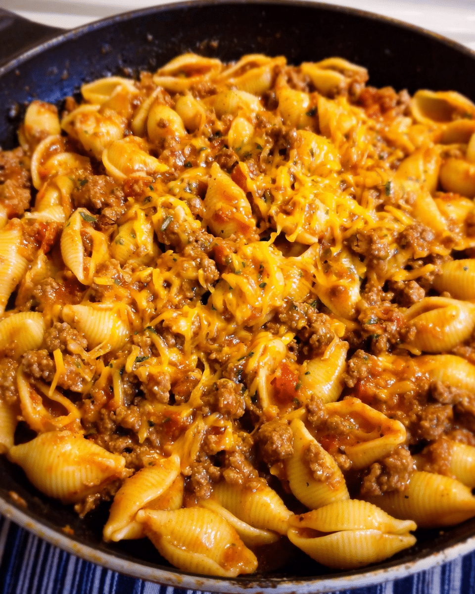 Cheesy taco pasta bake in skillet with melted cheddar and pasta shells