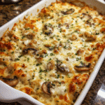 Baked Chicken Alfredo Lasagna Casserole in a white ceramic dish