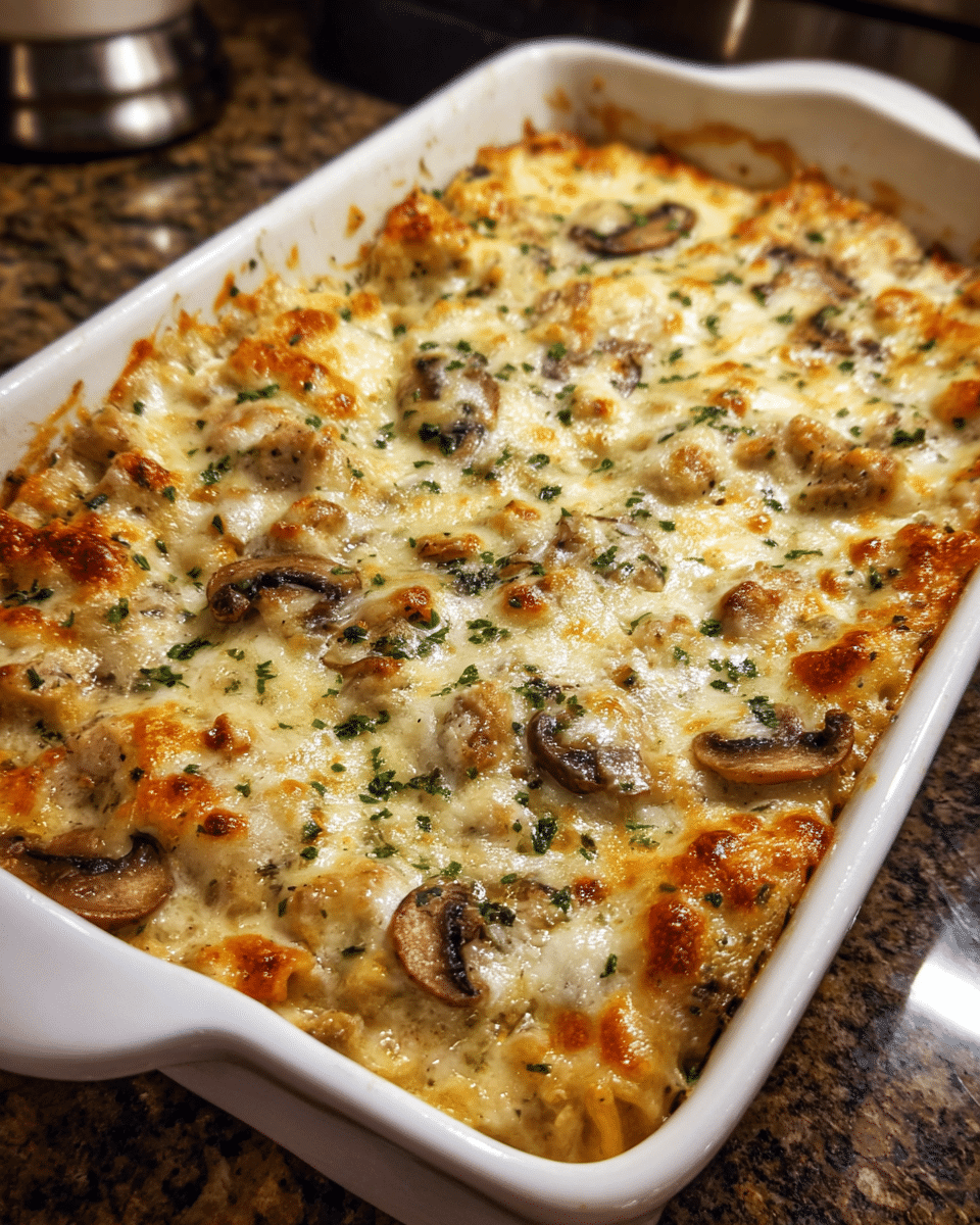 Baked Chicken Alfredo Lasagna Casserole in a white ceramic dish