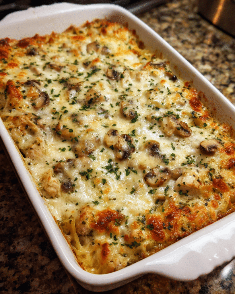 Baked Chicken Alfredo Lasagna Casserole in a white ceramic dish