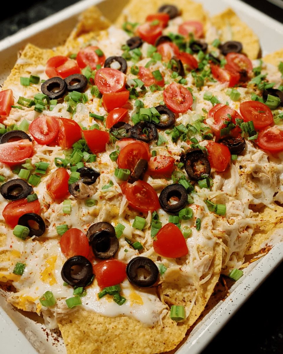 Chicken Alfredo Nacho Bake served hot with melted cheese and toppings