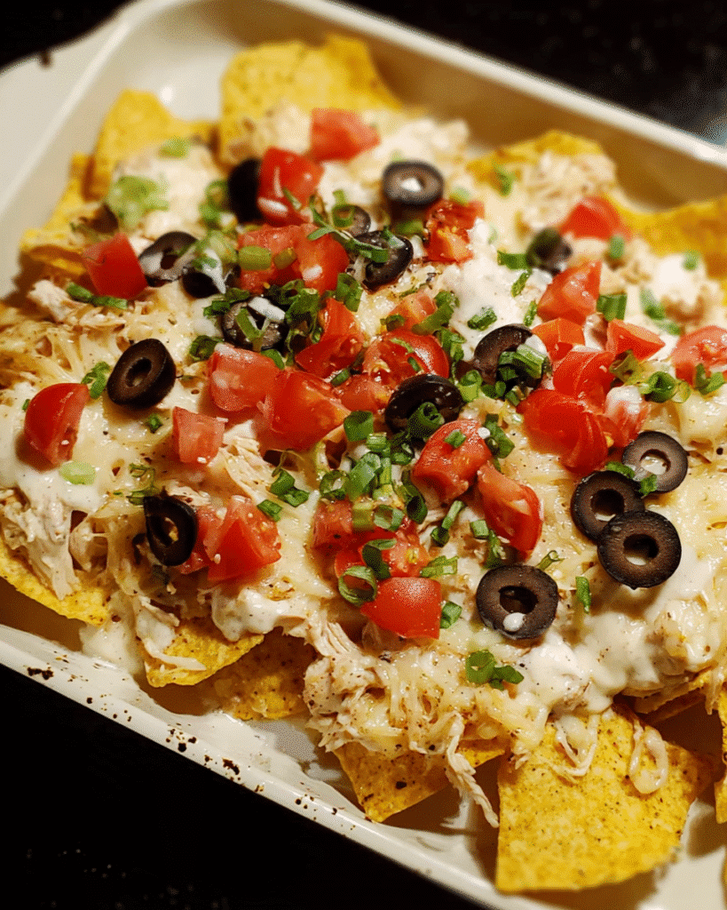 Chicken Alfredo Nacho Bake served hot with melted cheese and toppings