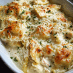 Chicken Alfredo Ravioli Bake hot from the oven with melted cheese