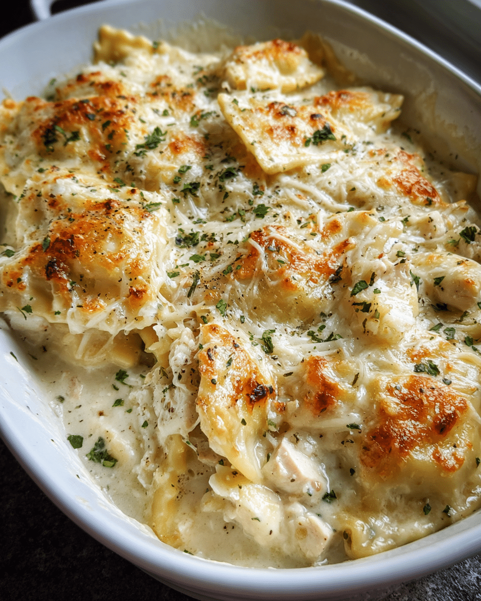 Chicken Alfredo Ravioli Bake hot from the oven with melted cheese