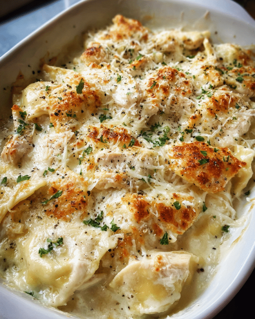 Chicken Alfredo Ravioli Bake hot from the oven with melted cheese
