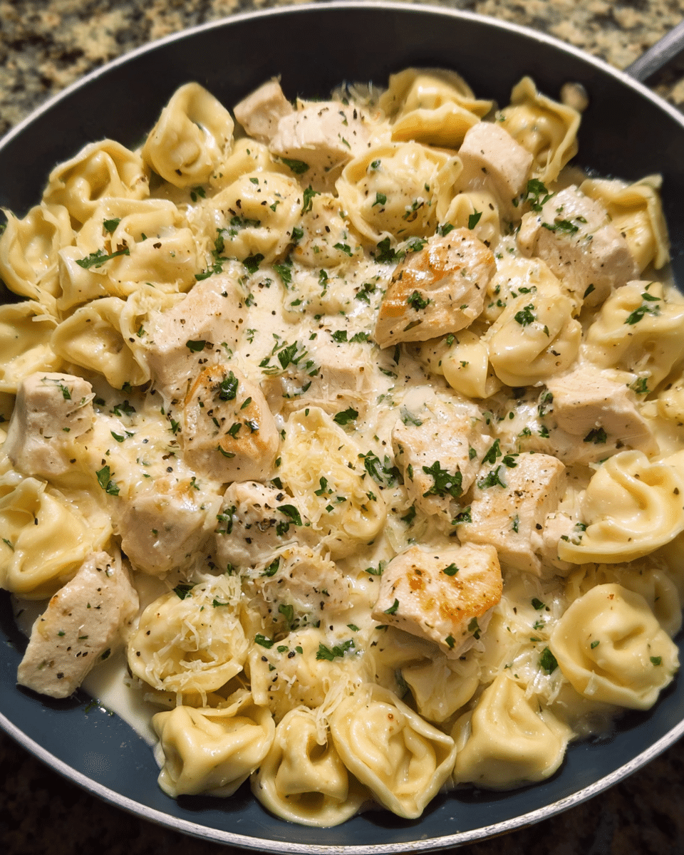 Creamy Chicken Alfredo Tortellini Skillet in one pan