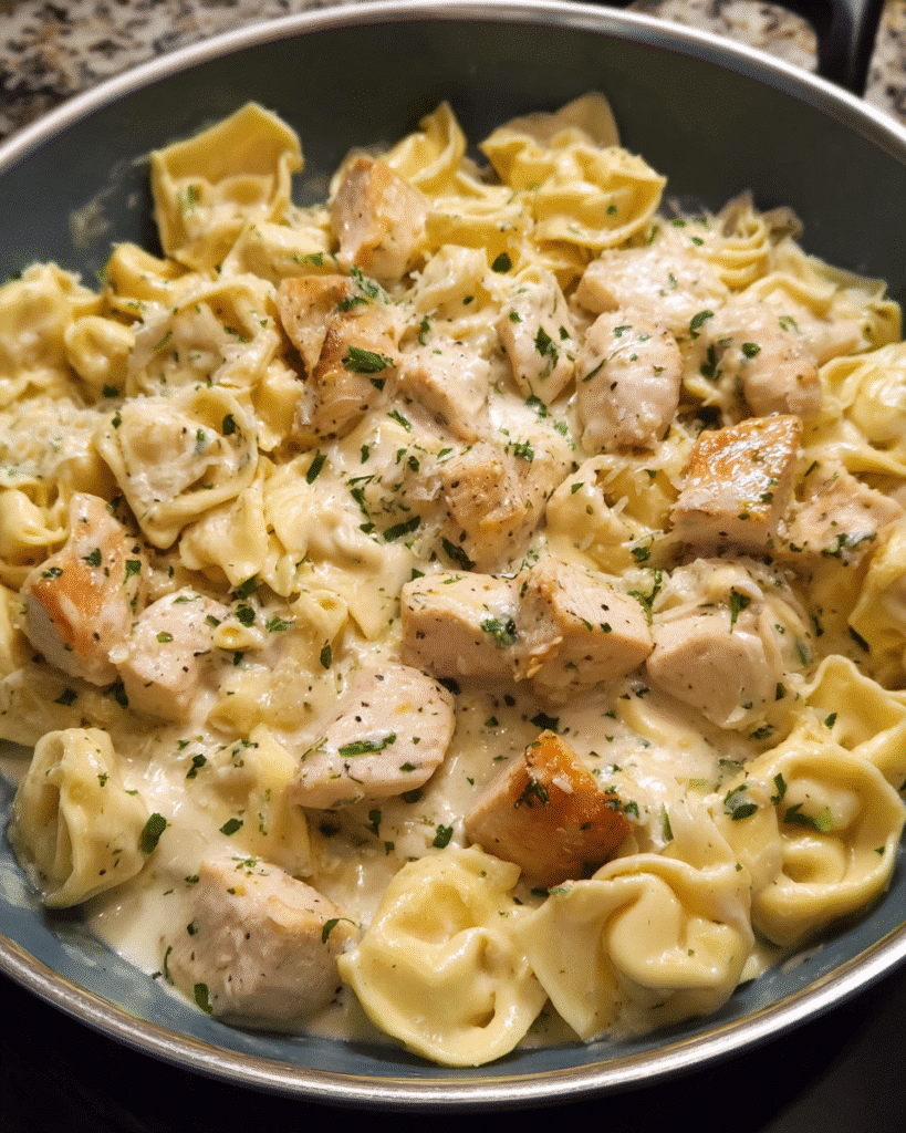 Creamy Chicken Alfredo Tortellini Skillet in one pan