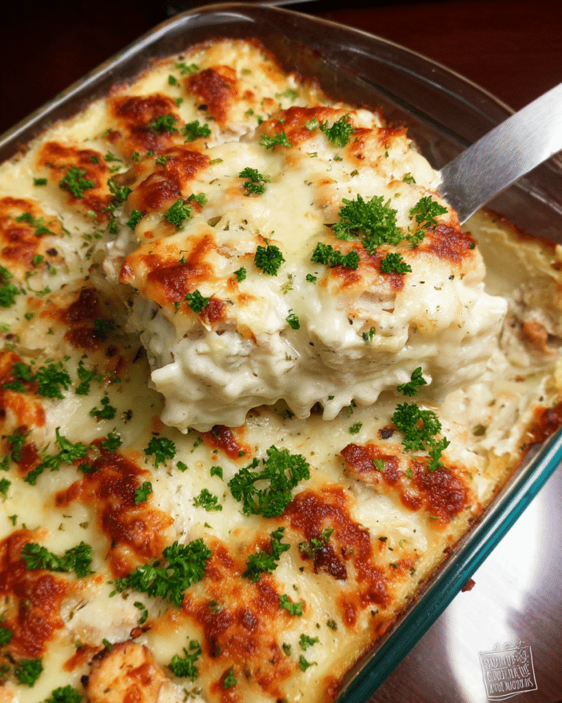 Chicken Bacon Alfredo Lasagna baked in a casserole dish with golden melted cheese on top