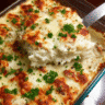 Chicken Bacon Alfredo Lasagna baked in a casserole dish with golden melted cheese on top