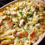 Chicken Bacon Alfredo Pasta Casserole in a baking dish