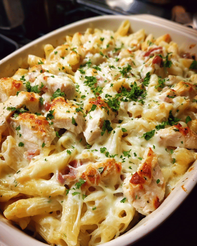 Chicken Bacon Alfredo Pasta Casserole in a baking dish