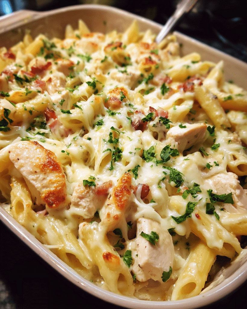 Chicken Bacon Alfredo Pasta Casserole in a baking dish