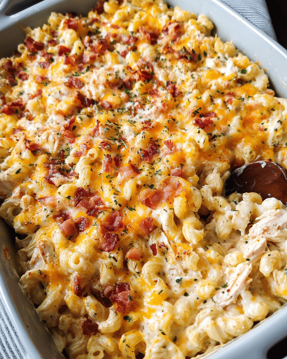 Chicken Bacon Mac and Cheese Casserole in a golden bubbly baking dish