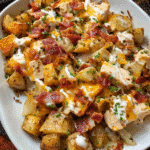 Chicken Bacon Ranch Roasted Potato Bake in casserole dish with melted cheese and bacon on top