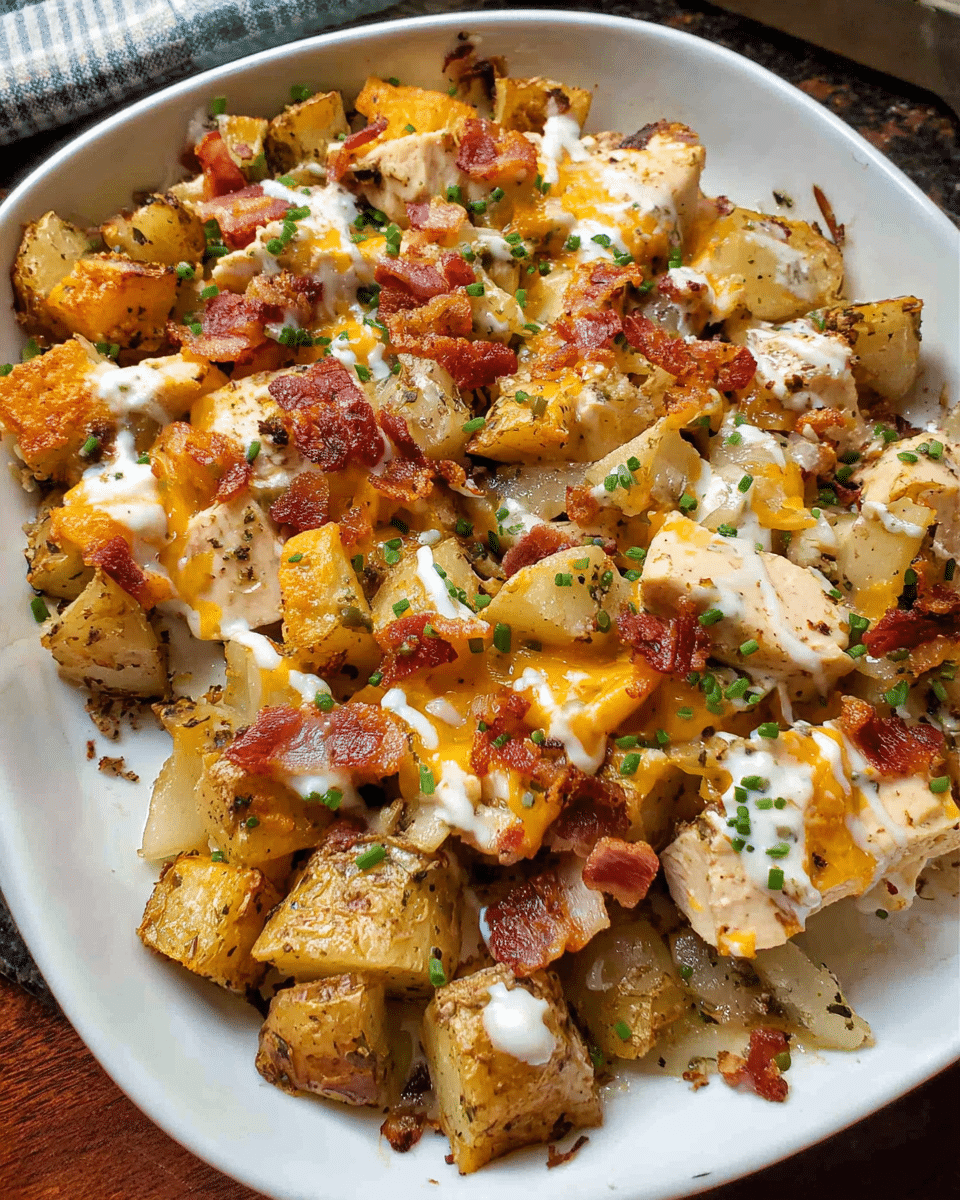 Chicken Bacon Ranch Roasted Potato Bake in casserole dish with melted cheese and bacon on top