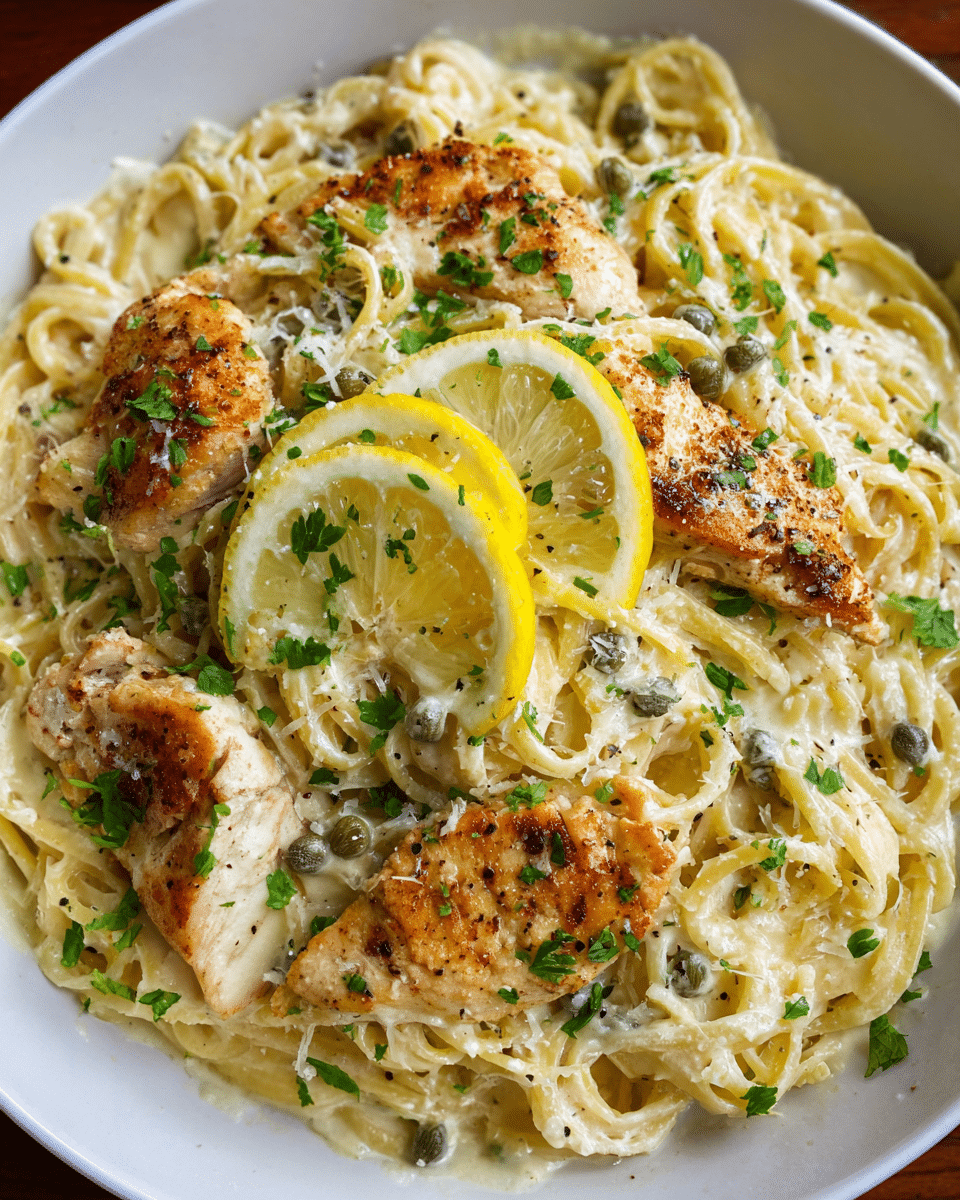 Chicken Caesar Pasta Skillet with creamy sauce and lemon pepper chicken