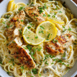 Chicken Caesar Pasta Skillet with creamy sauce and lemon pepper chicken