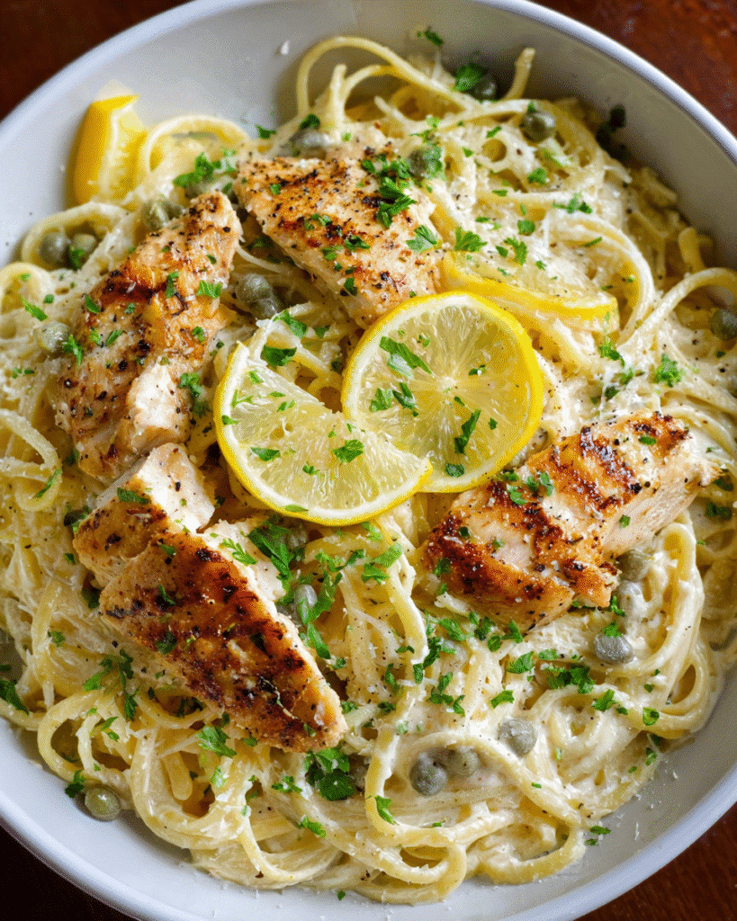 Chicken Caesar Pasta Skillet with creamy sauce and lemon pepper chicken