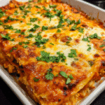 Cheesy chicken enchilada casserole in a baking dish topped with melted Colby Jack cheese.