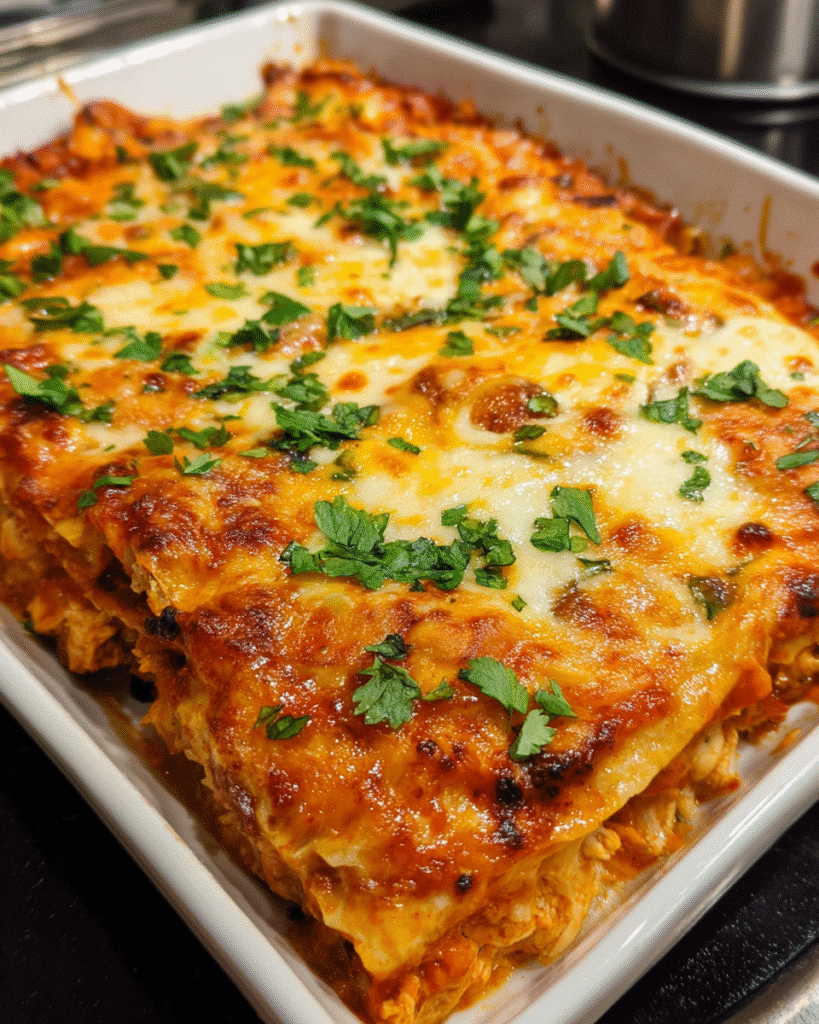 Cheesy chicken enchilada casserole in a baking dish topped with melted Colby Jack cheese.