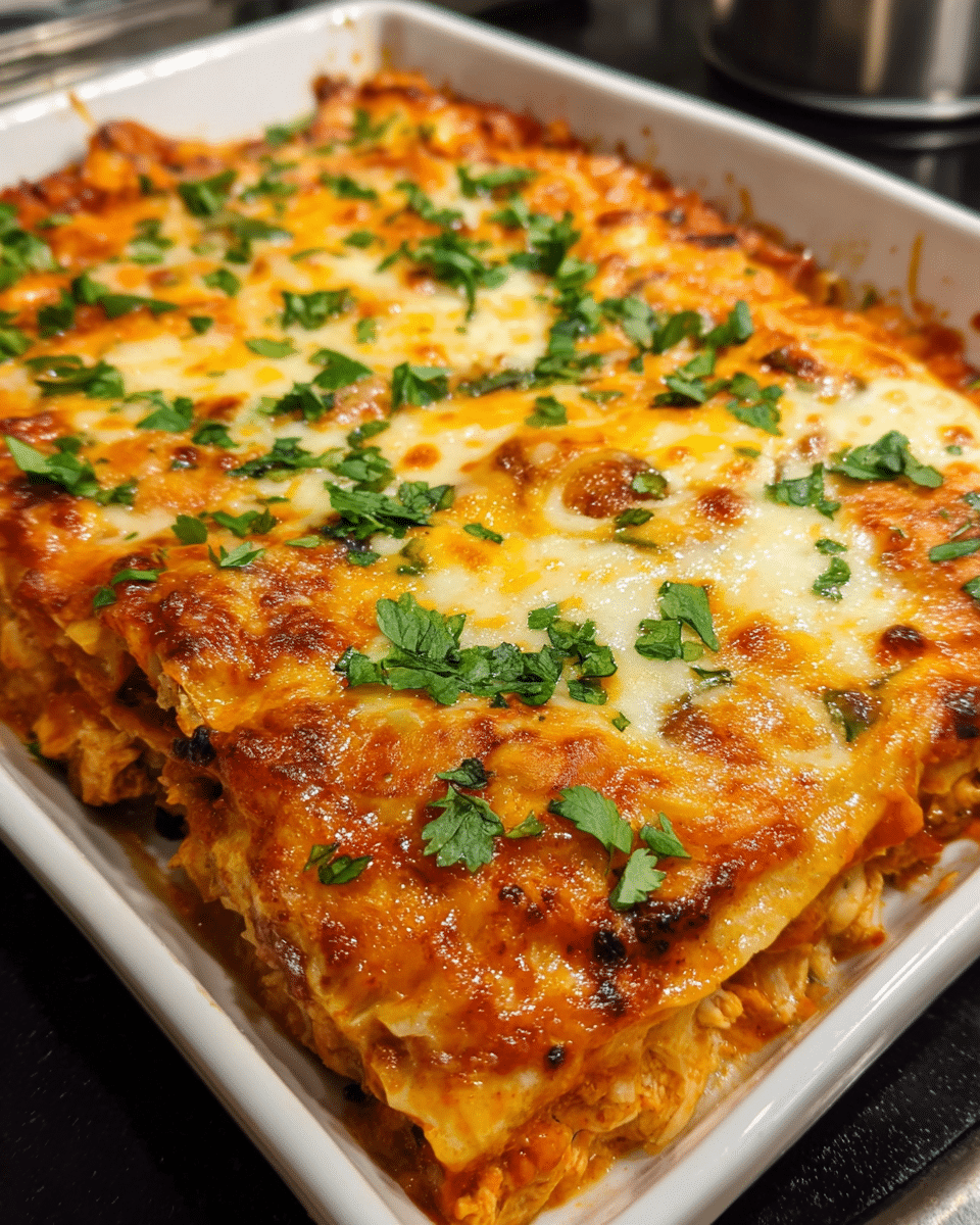 Cheesy chicken enchilada casserole in a baking dish topped with melted Colby Jack cheese.