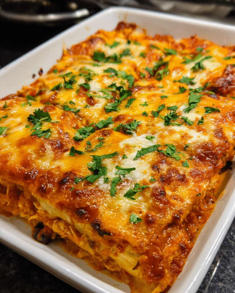 Cheesy chicken enchilada casserole in a baking dish topped with melted Colby Jack cheese.