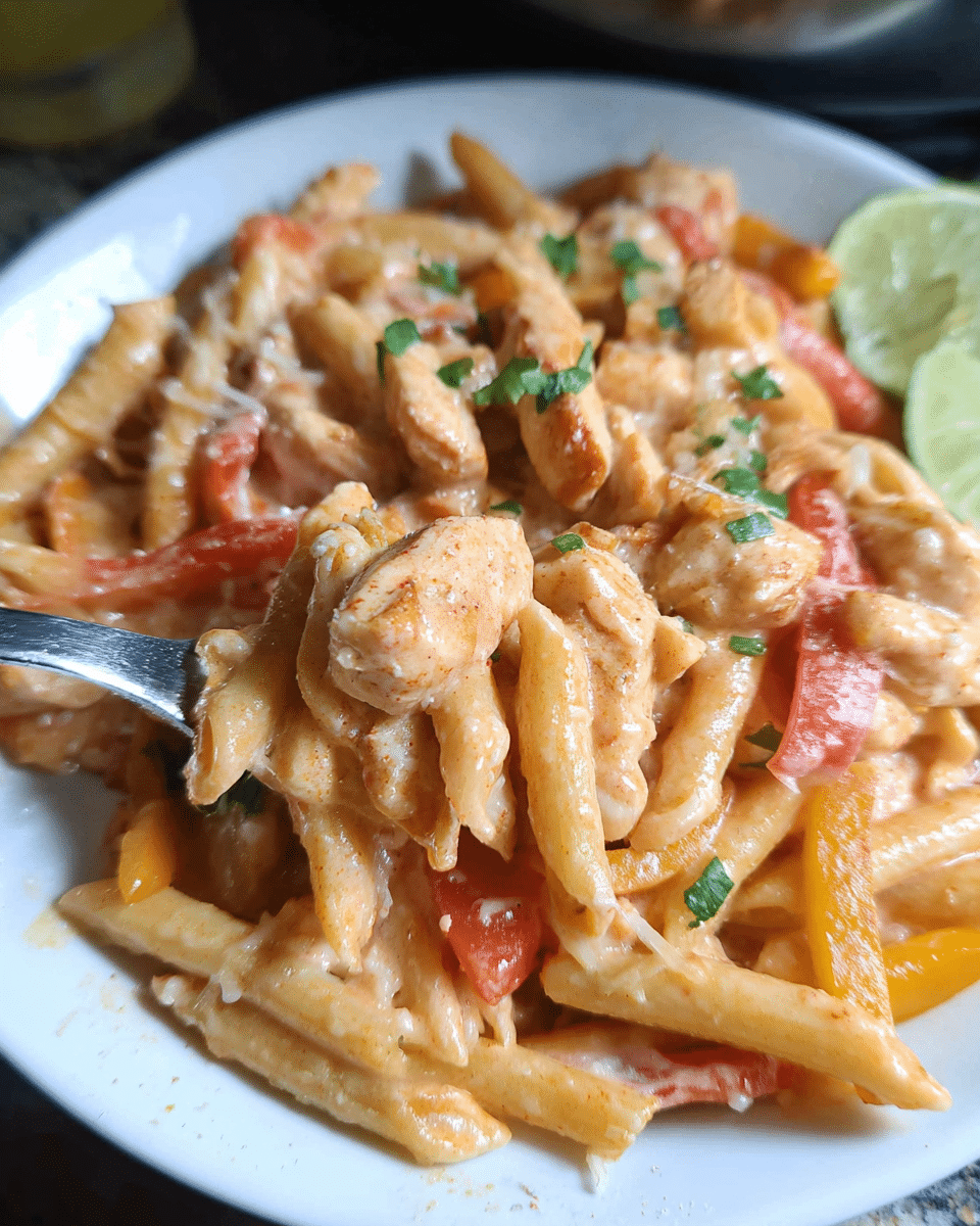 Chicken fajita pasta skillet with peppers, creamy sauce, and lime wedges in a pan