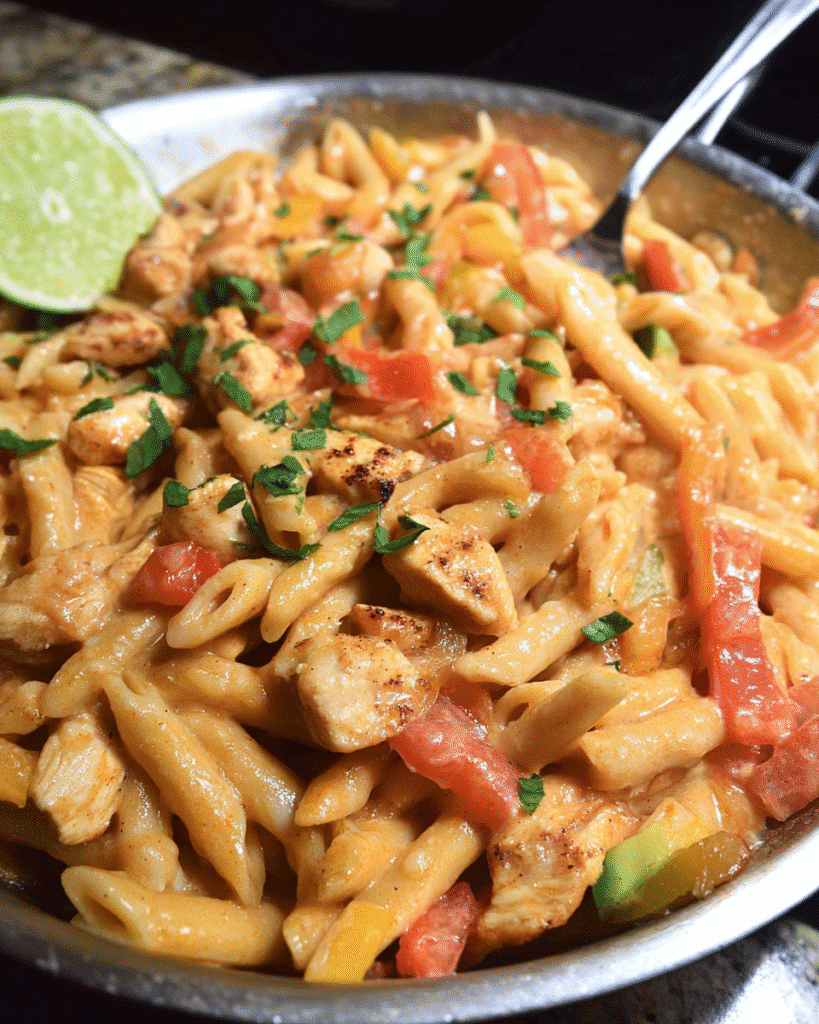 Chicken fajita pasta skillet with peppers, creamy sauce, and lime wedges in a pan